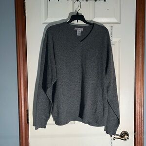 AKA Eddie Bauer-L-gray-100% lambswool- V-neck, long sleeve, ribbed, sweater.